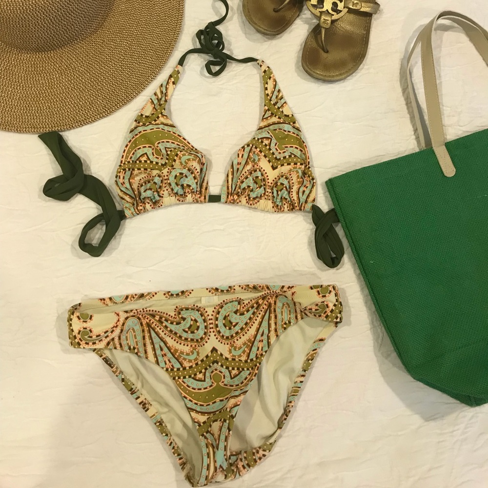 EUC J. Crew blue and olive paisley string bikini